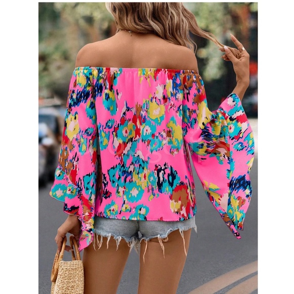 Pink Off Shoulder Abstract Print Flared Sleeve Shirt Top - Picture 2 of 8